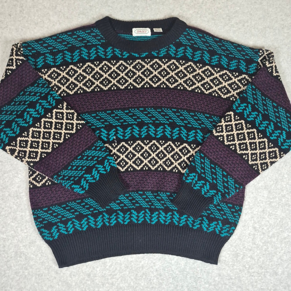 Vintage 90s Shades Sweater Mens XL Black Teal Purple Geometric Fair Isle Knit